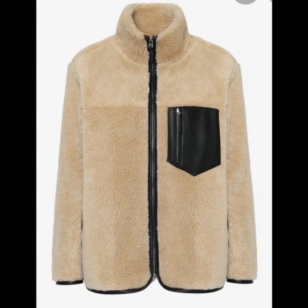 Anine Bing Ryder Jacket Sherpa Women's Med Tan Black Full Zip Pockets‎